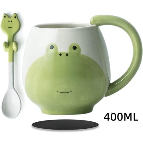 Tasse à café,Tasse à thé en céramique peinte à la main,avec cuillère,pour Cadeau,Latte,Macchiato,Lait,Jus,boissons(grenouille vert)