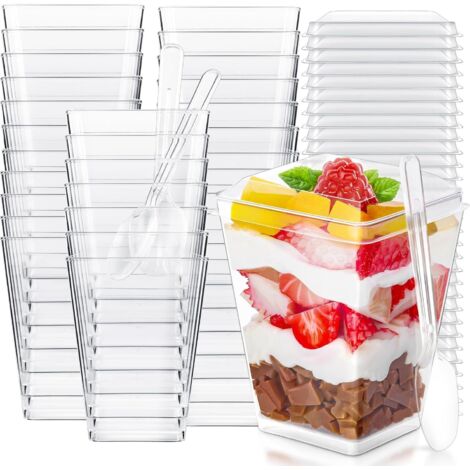 Tasse à Dessert - 40 pièces, Tasse à Dessert 5OZ/160ML Transparente + Couvercle/Cuillère - Carrée, Pour Pudding/Fête