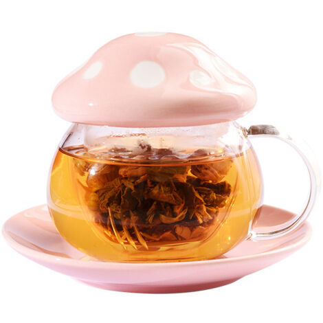 Tasse À Thé Champignon - Verre Trempé 290 ml Avec Infuseur Amovible Et Soucoupe - Idéal Pour Thé En Vrac Café Ou Jus - Lot De 1