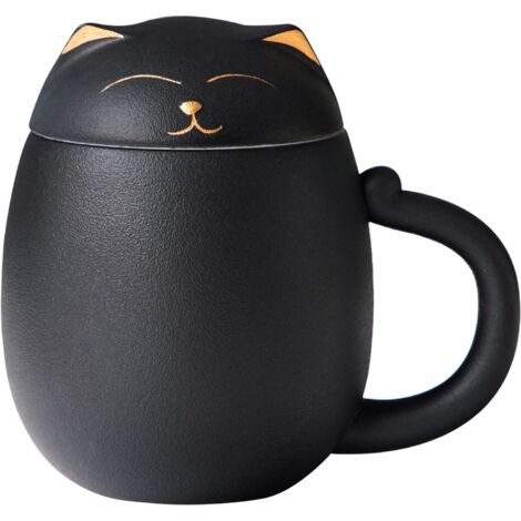 Tasse à thé chat avec infuseur et couvercle, tasse à thé en céramique avec filtre à infusion, coffret cadeau noir original pour les amoureux des chats - Cadeau idéal pour hommes et femmes