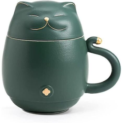 Tasse à thé chat mignon avec infuseur, mug à café chat porte-bonheur avec couvercle, mug en céramique pour les amoureux des chats, 300 ml (vert foncé)