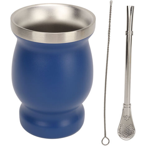 Tasse à thé en acier inox double paroi 230ml avec cuillère, paille et brosse, idéale pour café, vin, bleu