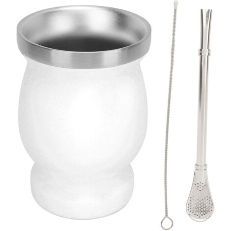 Tasse à thé en acier inox double paroi 230ml, avec cuillère, paille et brosse, idéale pour café, vin et boissons chaudes/froides.
