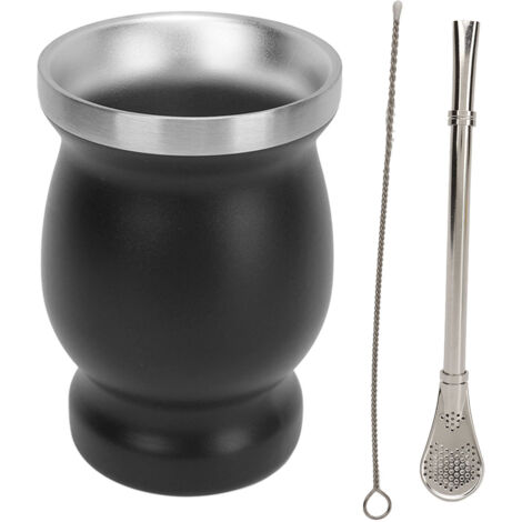 Tasse à thé en acier inoxydable double paroi 230ml avec cuillère, paille et brosse, idéale pour café, vin et boissons chaudes, couleur noire.