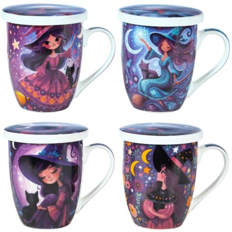 Tasse à thé en céramique avec filtre, motif sorcière, coffret cadeau inclus, idéale pour des cadeaux originaux et décoratifs.