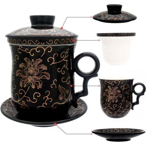 Tasse à Thé en Porcelaine - Infuseur Intégré Couvercle et Soucoupe - 350 ml - Pour Infusion de Thé en Vrac à Domicile ou au Bureau