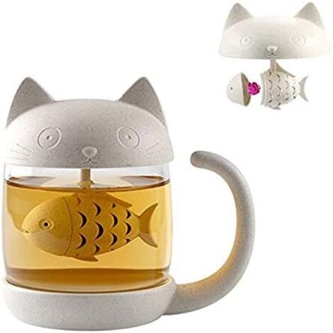 Tasse à thé en verre de chat Boîteille d'eau-Avec filtre de filtre à infusion de pain de poisson 250 ML (8 oz) (Blanc)-Fei Yu