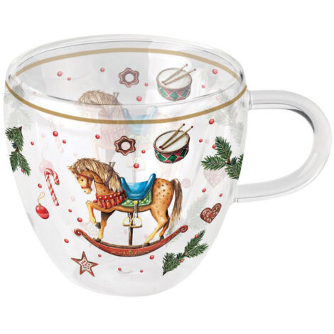 Tasse à thé en verre double paroi  Cheval à bascule de Noël