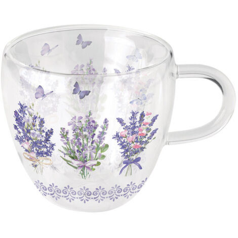Tasse à thé en verre double paroi  Lavande et papillons