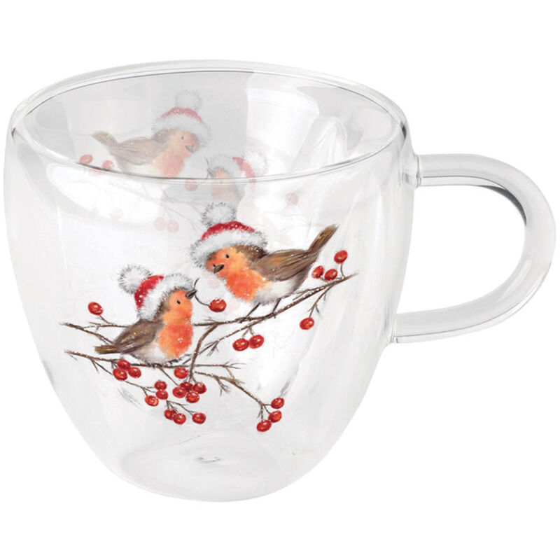 Tasse à thé en verre double paroi rouges-gorges de Noël Tasse à thé en verre double paroi rouges-gorges de Noël