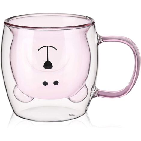 Tasse à thé ours mignon, double verre, tasse à café au lait ours avec anse, mug isotherme pour expresso ou bière, cadeau mignon pour femme (anniversaire), cadeau pour homme (Saint-Valentin) (rose)