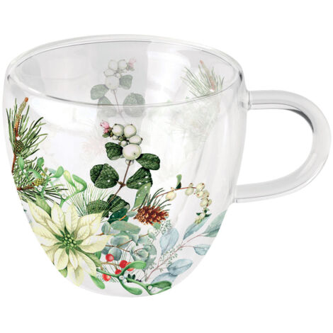 Tasse à thé poinsettia blanc en verre double paroi