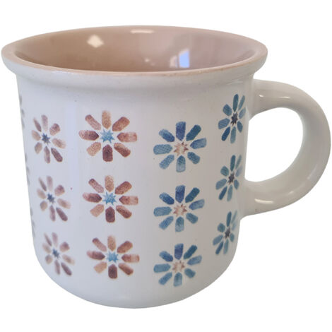 Tasse blanche et beige en grès motif fleurs