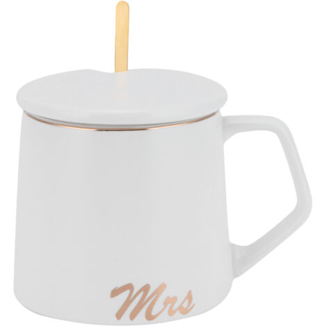 Tasse Céramique 320ml avec Couvercle et Cuillère - Mug Café Design M Blanc pour Bureau Maison Cadeau