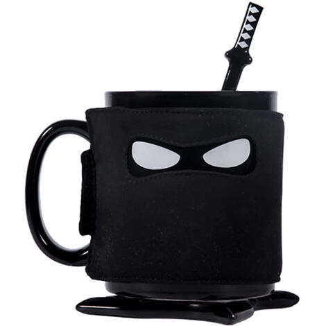 Tasse Céramique Homme avec Couvercle et Poignée, Brosse et Cuillère Incluses, Mug Café 35cl Noir pour Thé et Boissons Chaudes