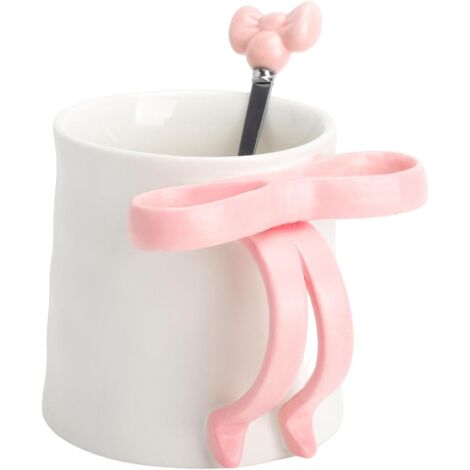 Tasse céramique rose avec nœud 3D – Mug esthétique 350 ml avec cuillère, tasse mignonne pour café, thé ou lait, style Aesthetic tasse pour la maison et le bureau