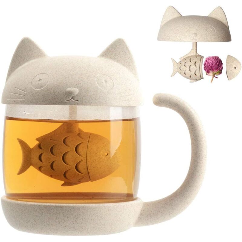 Tasse chat verre 250 ml avec filtre poisson, cadeau amoureux chats