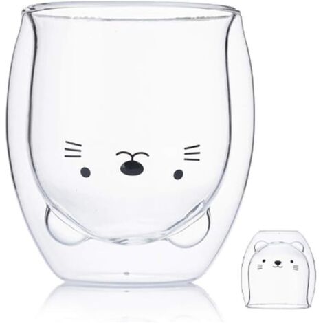 Tasse de café Double paroi isolée Coupe à Lunettes Animal Mignon thé Lait Tasses Cadeau Original pour Noël Action de graces Copains (Chat)-Fei Yu