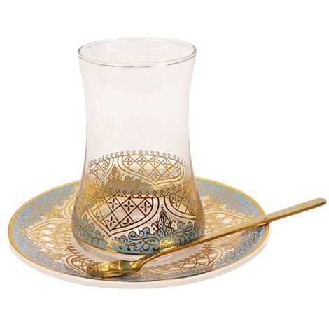 Tasse de thé en verre exotique romantique turc, bleu or, décoration de cuisine, verres à thé, ensemble de tasses, soucoupes avec cuillère, tasse à café,1 Cup Saucers Spoon