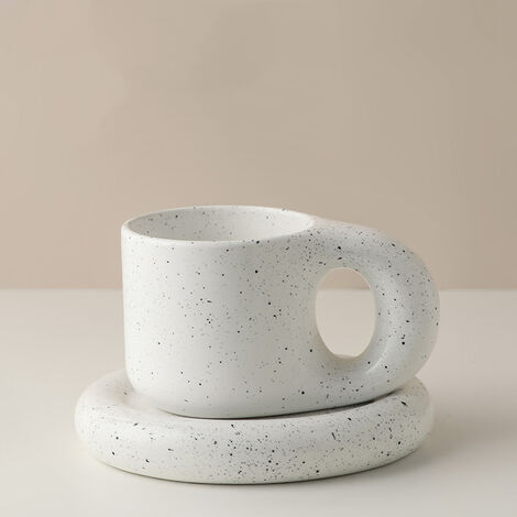 Tasse en céramique. , pois noirs blancs, Tasse à café ronde Fat 300 ml，plateau à ruban