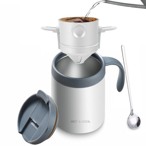 Tasse isotherme blanche + filtre (ensemble de deux pièces)Cafetière à filtre portable d'extérieur en acier inoxydable avec tasses chaudes et froides