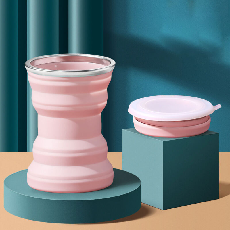 Tasse pliable en silicone 320ML avec couvercle, idéale pour voyage et extérieur, design ingénieux économe en espace, rose cerisier.