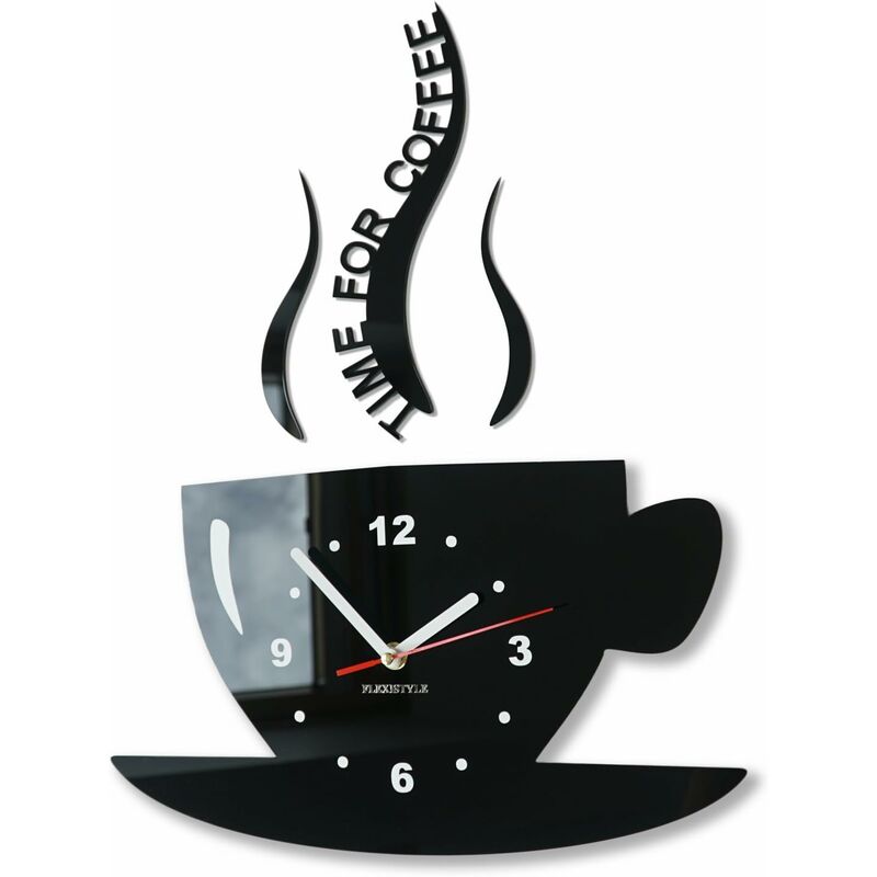 Tasse Temps pour café Moderne de Cuisine - Horloge Murale 3 D - Noir