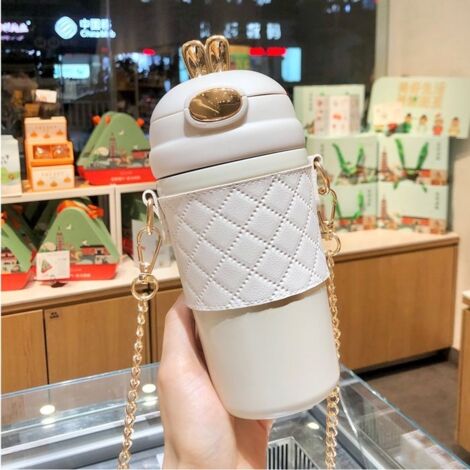 Tasse thermos à paille en acier inoxydable 304 pour femme, ,bandoulière avancée délicate, tasse à eau portable 420ml blanc