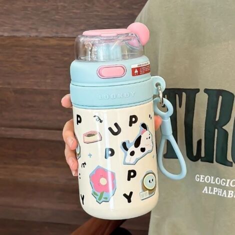 Tasse thermos en acier inoxydable 316, et bouteille d'eau portable créative de dessin animé mignon d'étudiants bleu 480ml