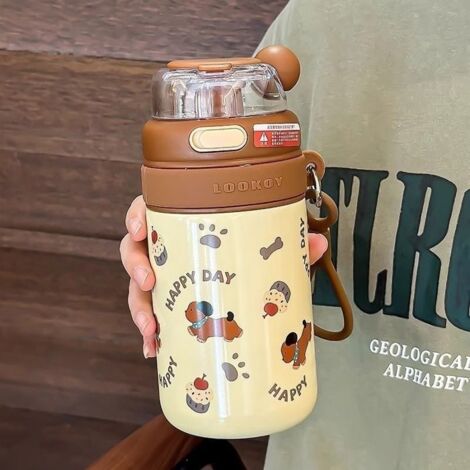 Tasse thermos en acier inoxydable 316, et bouteille d'eau portable créative de dessin animé mignon d'étudiants brun 480ml