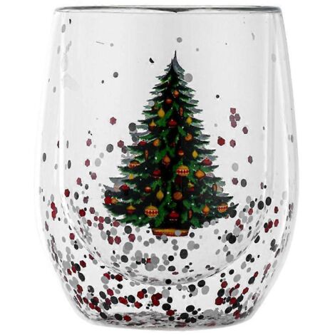 Tasse transparente à double paroi en forme de sapin de Noël pailleté pour eau, lait ou café.