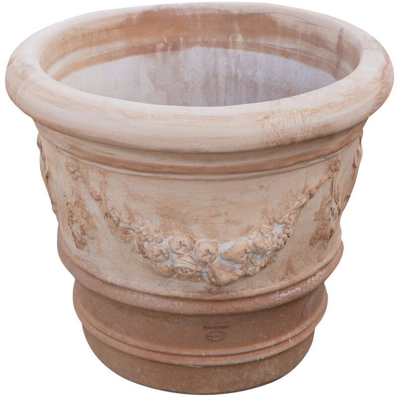 Vase rond d'extérieur en terre cuite vieillie Jardinière décorée pour plantes, fleurs de jardin Grands pots 60X53 Made in Italy