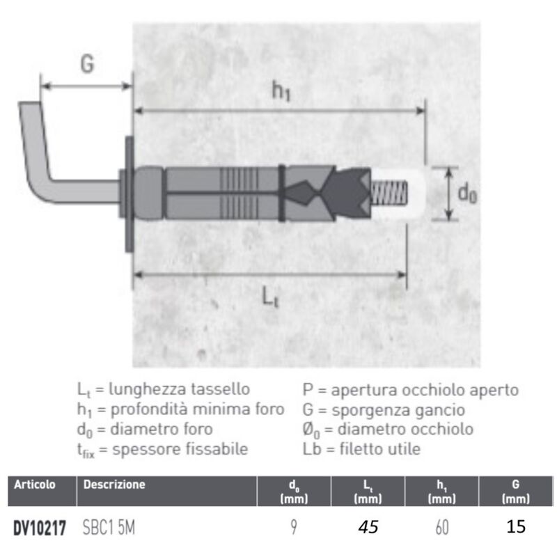Devis - tassello de-vis in ferro D.9 con gancio