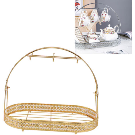 Tassenablage mit 6 Haken, 40 cm großer Aufbewahrungsorganizer aus Eisen, stapelbares Abtropfgestell für Büro, Küche, Restaurants und Büros (Gold)