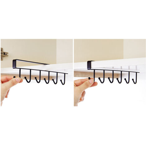 Tassenhalter – 6-Haken-Unterbau-/Wandhalterung aus schwarzem Eisen, 26 x 6,5 cm, kein Bohren erforderlich – Aufbewahrung für Tassen, Becher, Gläser, Schwämme und Zubehör