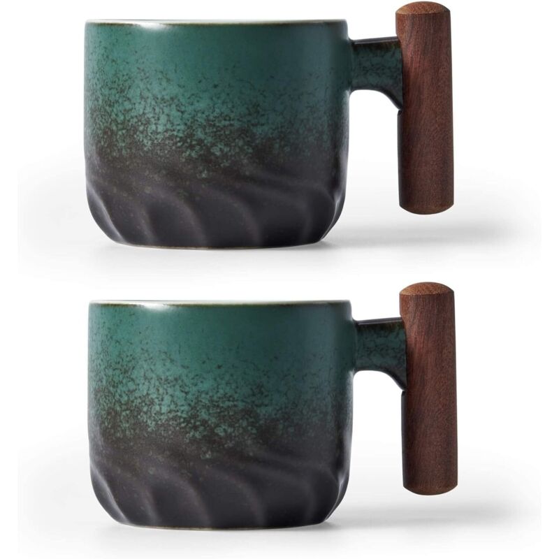 Lot 2 Tasses Expresso Céramique 85ml, Poignée Bois, Porcelaine Demitasse, Vert, Café/Thé