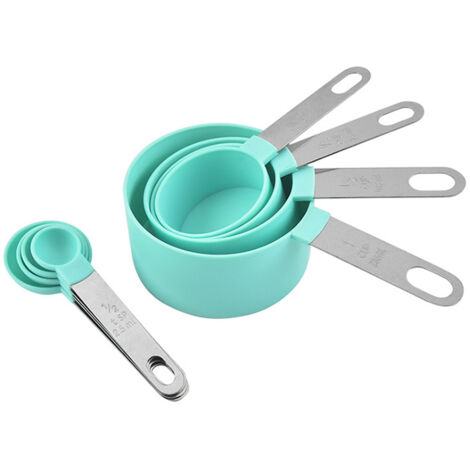 Tasses et cuillères à mesurer en PP vert 403, design avec trou de suspension, double échelle, acier inoxydable, facile à nettoyer.