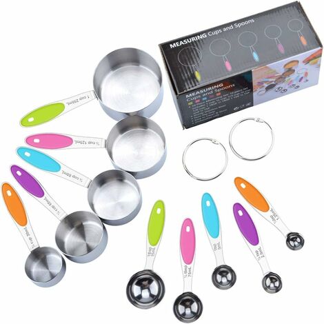 Tasses Mesurer Cuillères Mesurer, 5 Cuillères Doseuses en Acier Inoxydable, 5 Tasse à Mesurer avec Poignée en Silicone, Ustensiles de Cuisine Parfaits avec 2 Anneaux de Type O, 10PCS - DKSFJKL