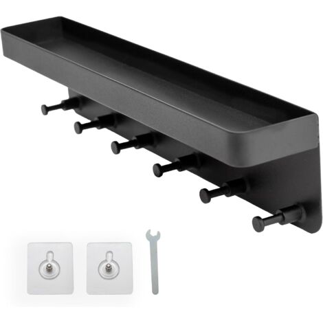 Tastiera con portaoggetti in nero - 24,5 x 6 cm - Autoadesiva senza forare - Tastiera, portachiavi, barra portachiavi - Barra di aggancio a parete con 6 ganci e superficie di appoggio