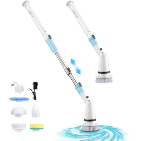 TASVAC EB5 Brosse de nettoyage rotative sans fil, 450 tr/min avec 5 têtes de brosse, Bleu et Blanc