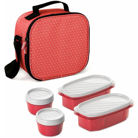TATAY Borsa Termica Porta Pranzo Impermeabile - Urban Food Casual 3L 4 Contenitori: 2x0,5L + 2x0,2L Triplo Strato Isolante Corpo Semirigido Tasca Interna 22,5x10x22 cm, Pois Rossi