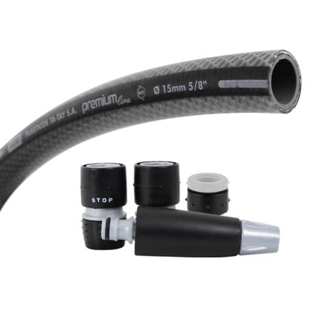 TATAY Kit manguera Premium, rollo de 15m de máximas prestaciones en PVC con doble malla y gran resistecia a la presión. Sistema NTS plus, anti torsión, con kit completo de riego, soft touch y anti-uva