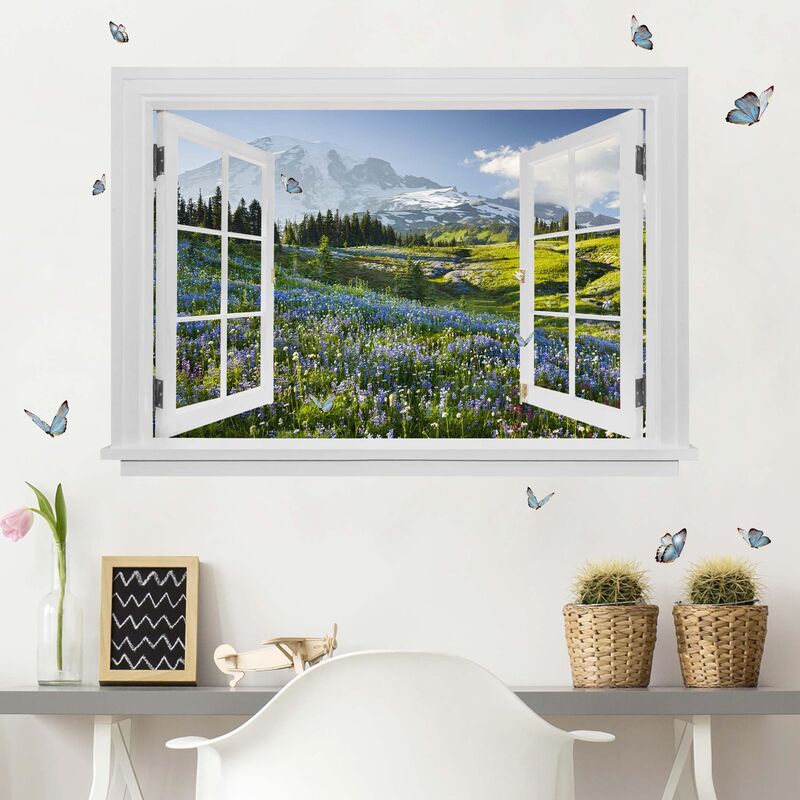 

Bilderwelten - Tatuaje de pared - 3D - Open Window Mountain Meadow With Flowers In Front Of Mt. Rainier And Butterflies Dimensión LxA: 120cm x 160cm