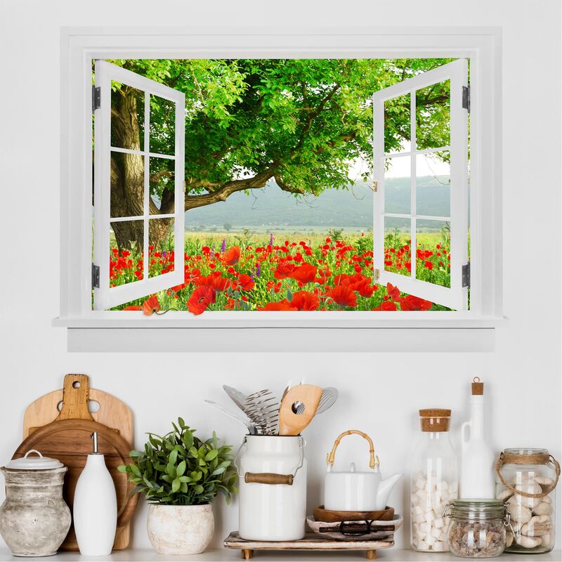 

Bilderwelten - Tatuaje de pared - 3D - Open Window Summer Meadow With Flower Box Dimensión LxA: 90cm x 120cm