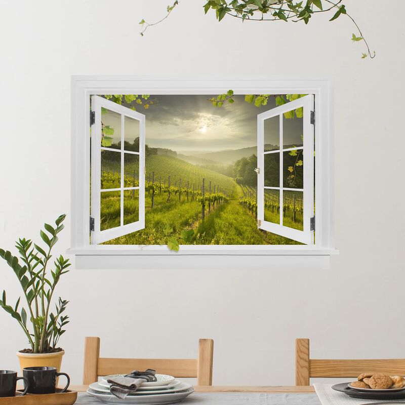 

Bilderwelten - Tatuaje de pared - 3D - Open Window Sun Rays Vineyard With Vines And Grapes Dimensión LxA: 30cm x 40cm