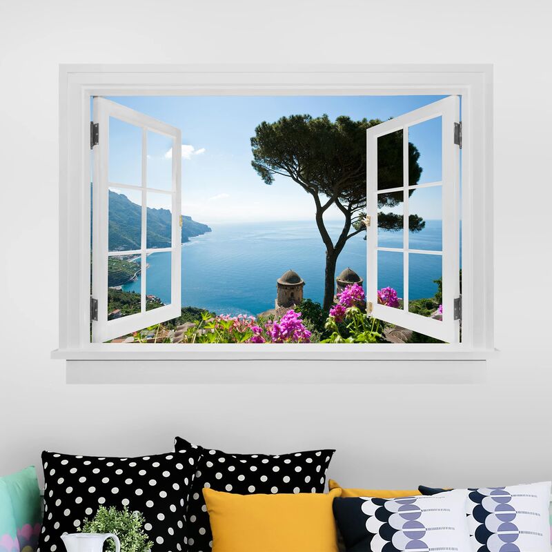 

Bilderwelten - Tatuaje de pared - 3D - Open Window View From The Garden Sea Dimensión LxA: 90cm x 120cm