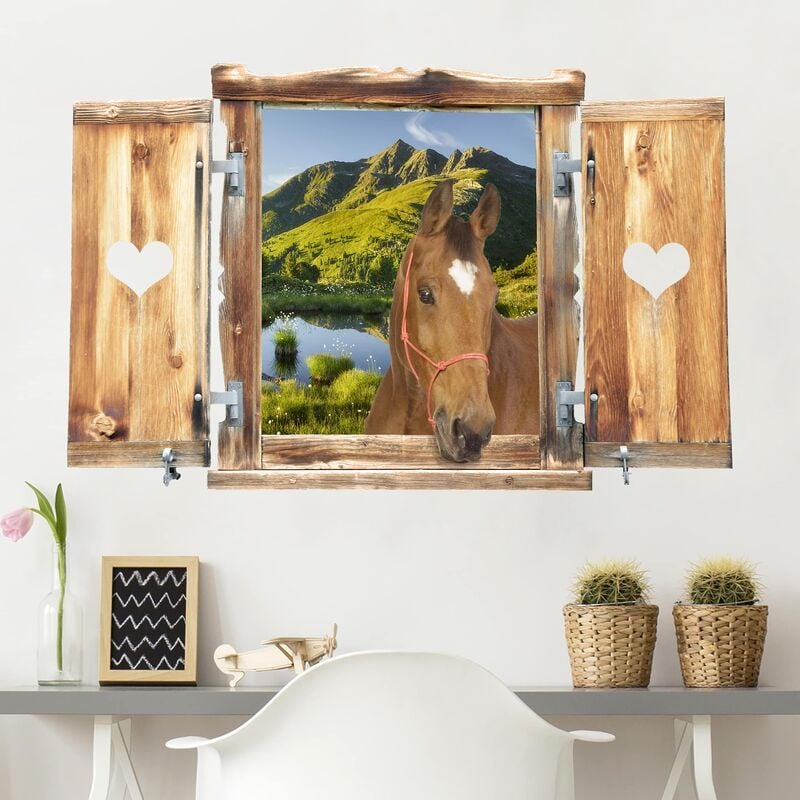 

Bilderwelten - Tatuaje de pared - 3D - Window With Heart And Horse Looking Into Defereggental Dimensión LxA: 80cm x 120cm