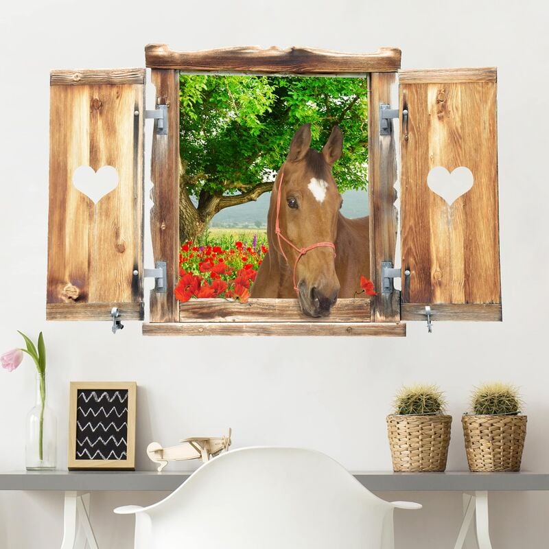 

Bilderwelten - Tatuaje de pared - 3D - Window With Heart And Horse Meadow Dimensión LxA: 40cm x 60cm