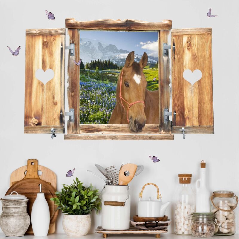 

Bilderwelten - Tatuaje de pared - 3D - Window With Heart And Horse Mountain Meadow With Flowers Dimensión LxA: 40cm x 60cm