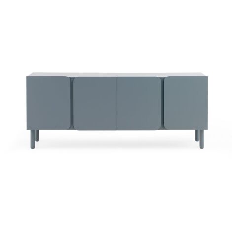 Taubenblaues Sideboard aus MDF mit abgerundeten Türecken und einer geriffelten Leiste, Beine aus Massivholz